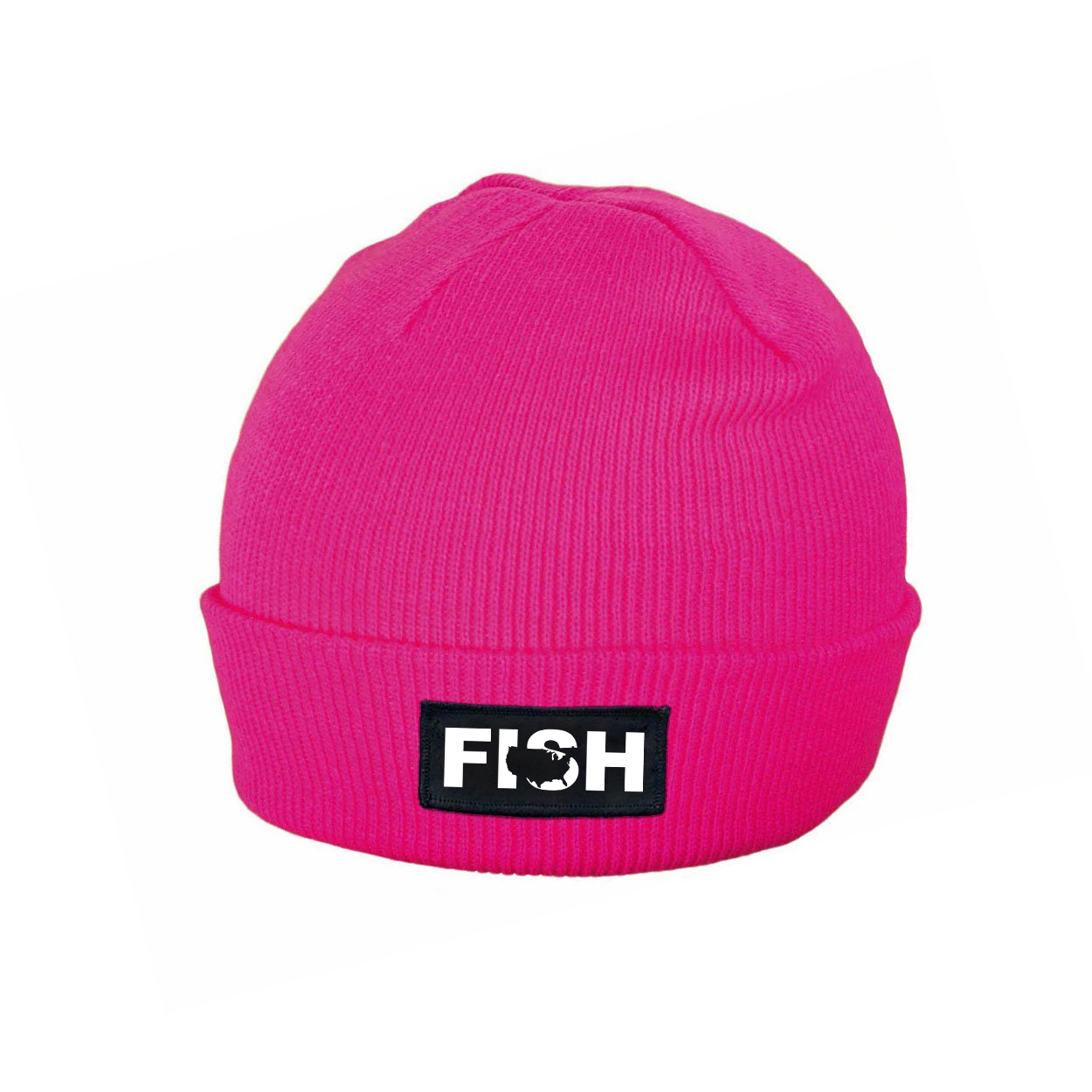 Fish United States Night Out Woven Patch Roll Up Skully Beanie Heather Fuchsia (White Logo)