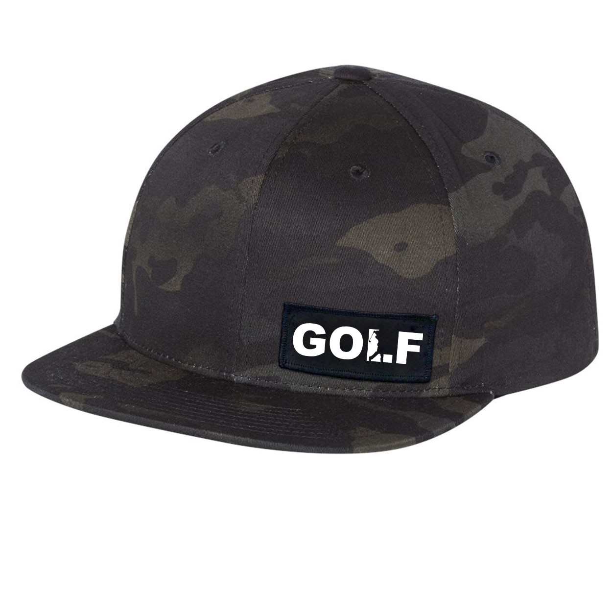 Golf Swing Logo Night Out Woven Patch Flat Brim Snapback Hat Black Camo (White Logo)