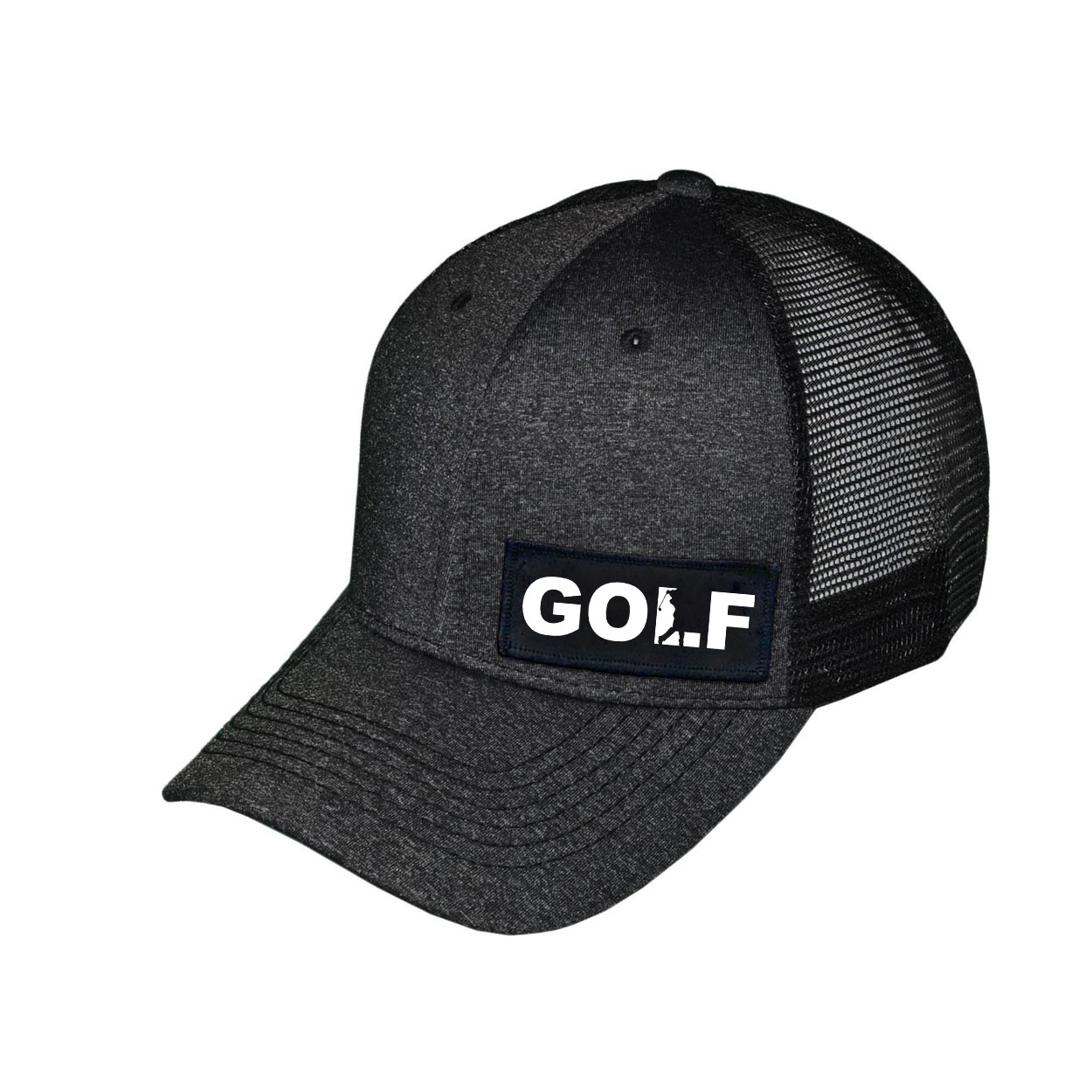 Golf Swing Logo Night Out Woven Patch Melange Snapback Trucker Hat Black (White Logo)