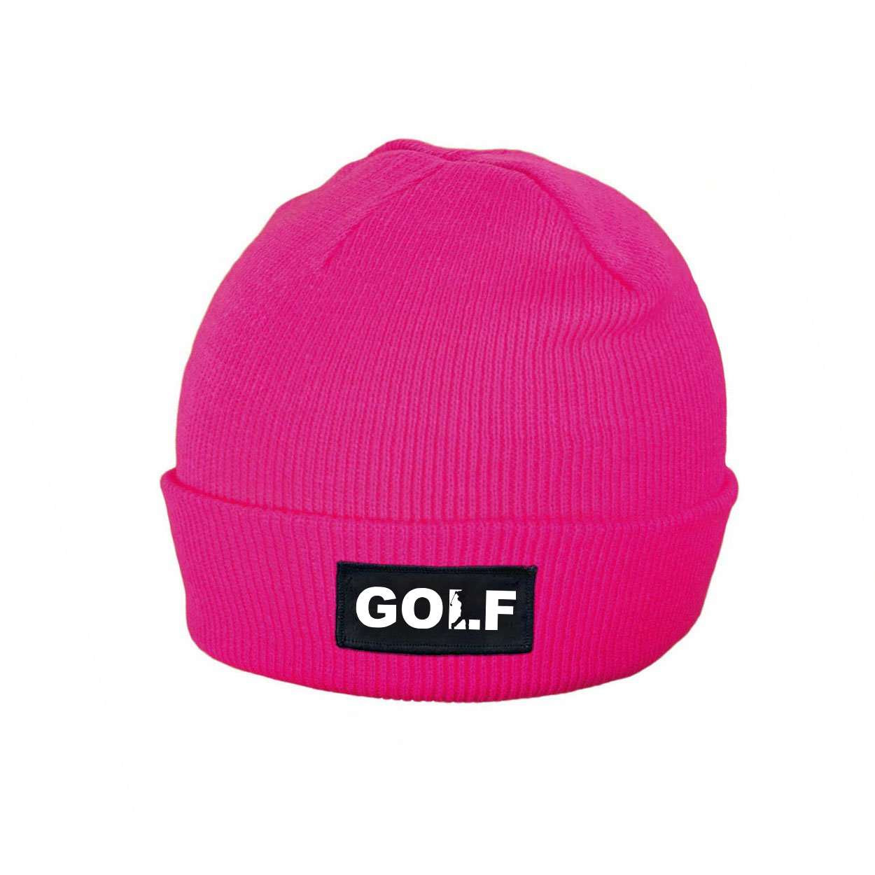Golf Swing Logo Night Out Woven Patch Roll Up Skully Beanie Heather Fuchsia (White Logo)