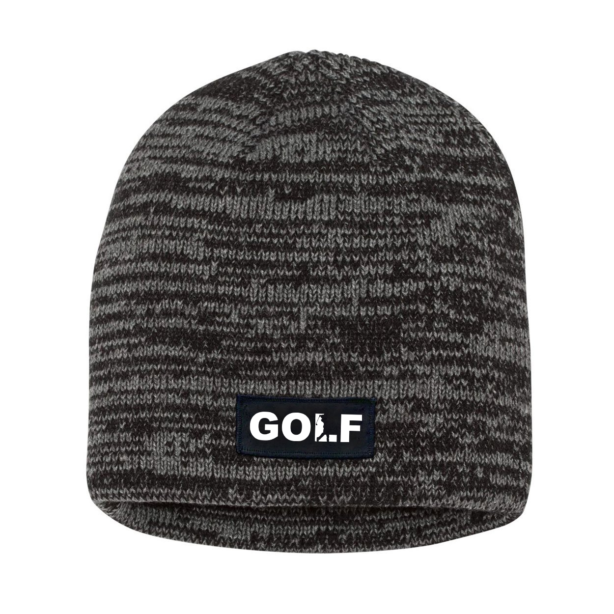 Golf Swing Logo Night Out Woven Patch Skully Marled Knit Beanie Black/Gray (White Logo)