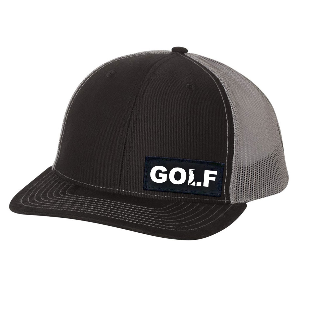 Golf Swing Logo Night Out Woven Patch Snapback Trucker Hat Black/Gray (White Logo)