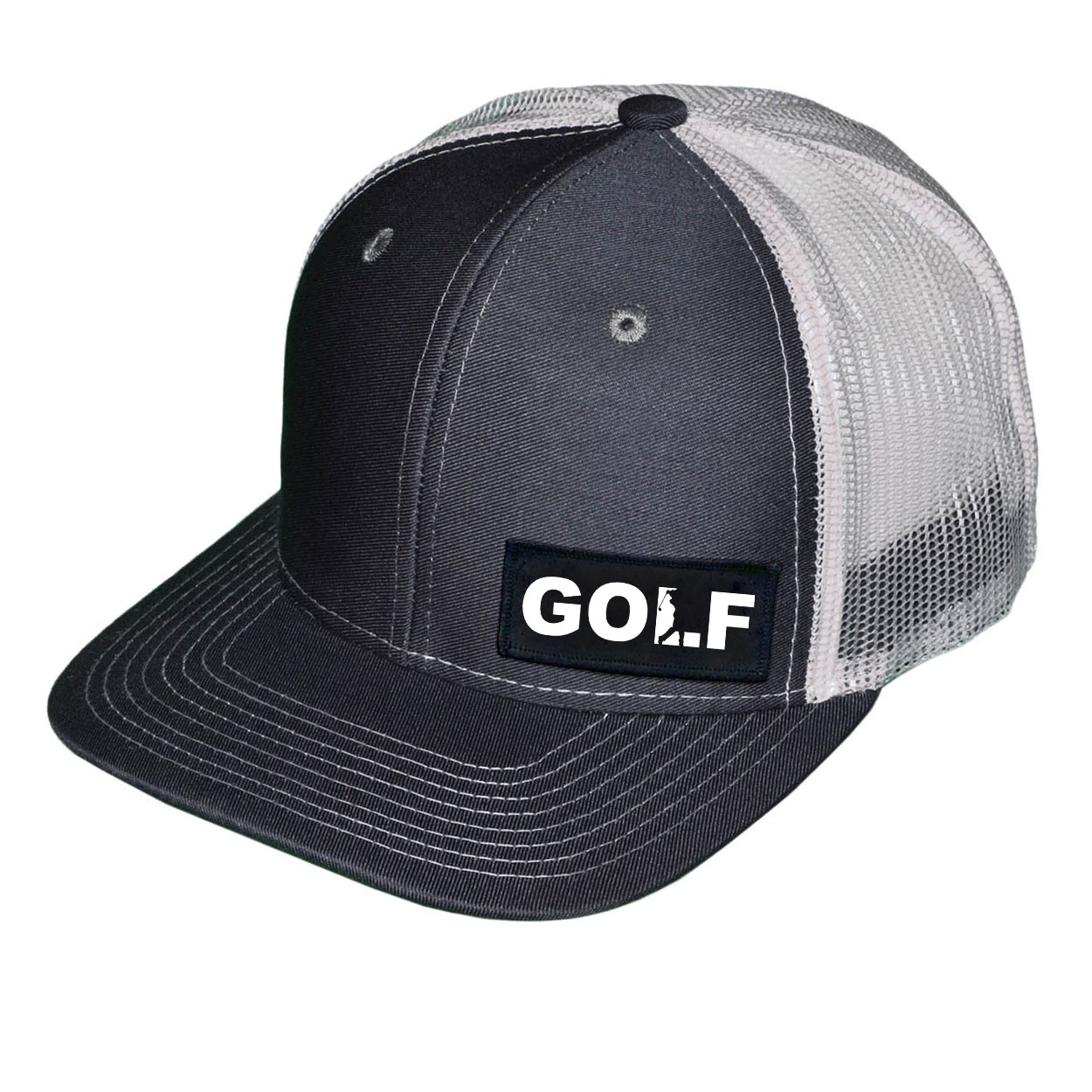 Golf Swing Logo Night Out Woven Patch Snapback Trucker Hat Gray/White (White Logo)