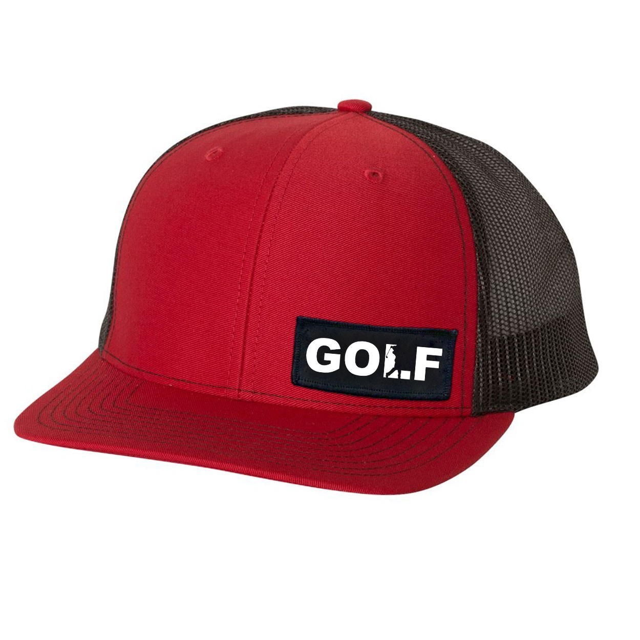 Golf Swing Logo Night Out Woven Patch Snapback Trucker Hat Red/Black (White Logo)