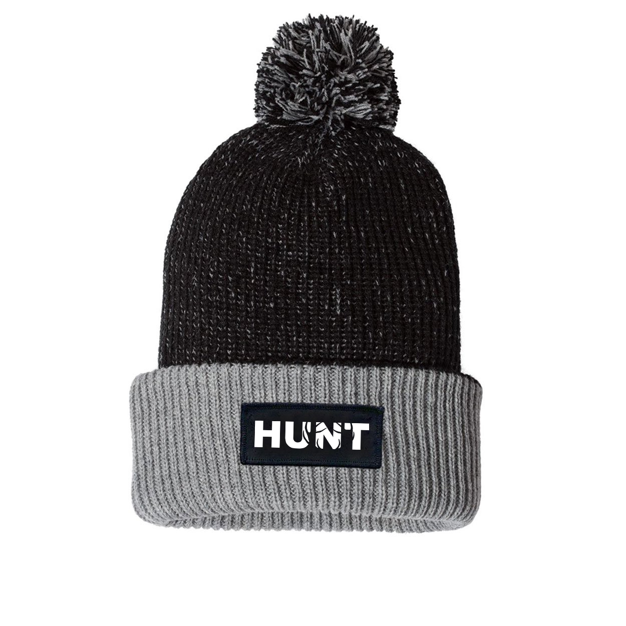 Hunt Rack Logo Night Out Woven Patch Roll Up Pom Knit Beanie Black/Gray (White Logo)
