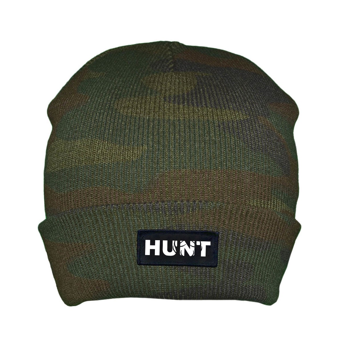 Hunt Rack Logo Night Out Woven Patch Roll Up Skully Beanie Camo (White Logo)