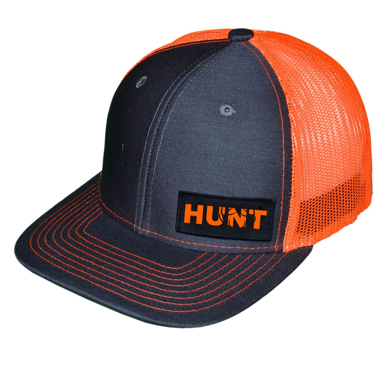 Hunt Rack Logo Night Out Woven Patch Snapback Trucker Hat Gray/Orange (Orange Logo)