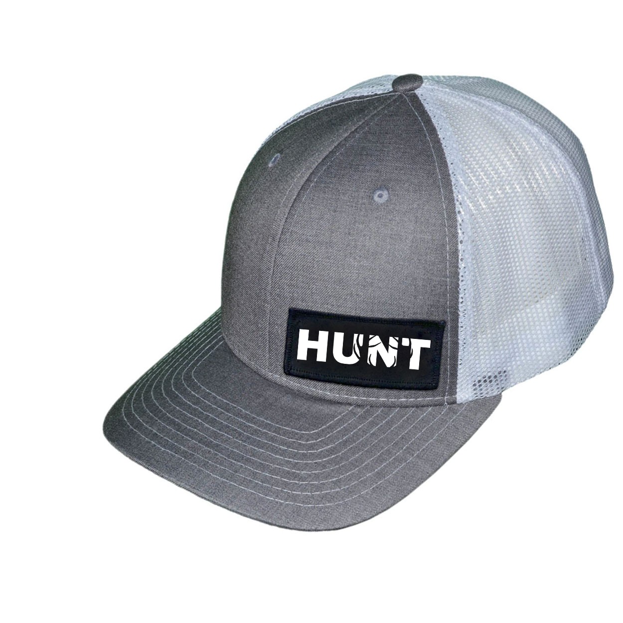 Hunt Rack Logo Night Out Woven Patch Snapback Trucker Hat Heather Gray/White (White Logo)
