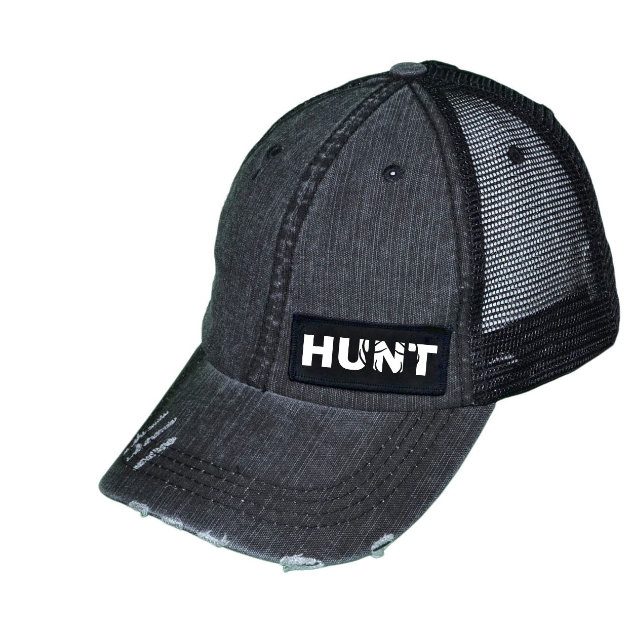 Hunt Rack Logo Night Out Woven Patch Unstructured Trucker Dad Hat Washed Black (White Logo)