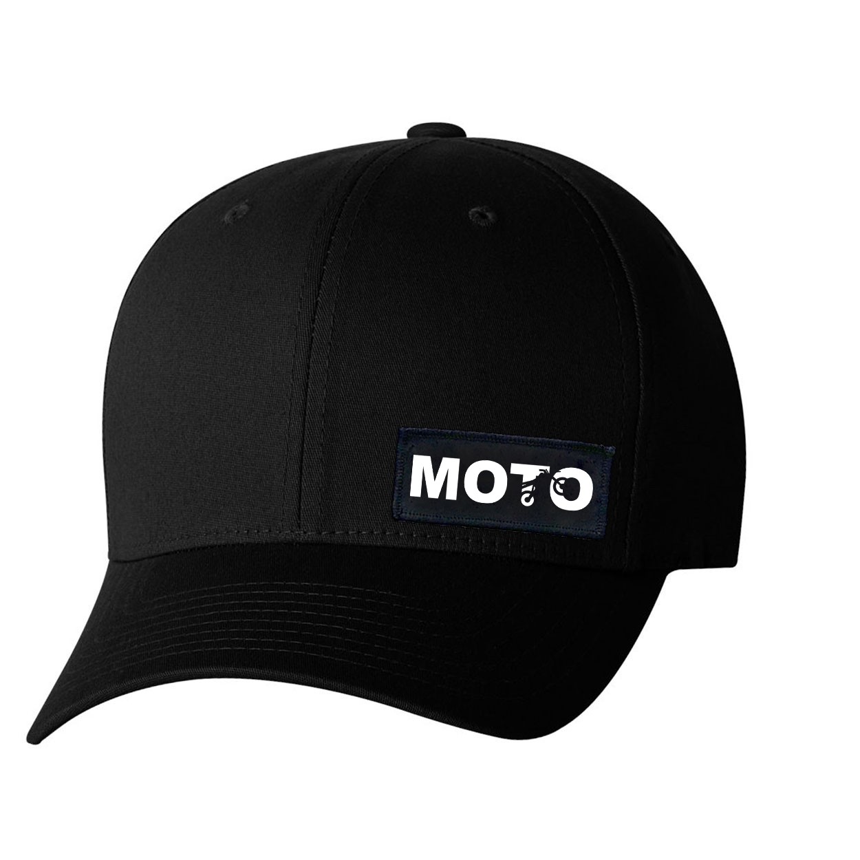 Moto Wheelie Logo Night Out Woven Patch Flex-Fit Hat Black (White Logo)