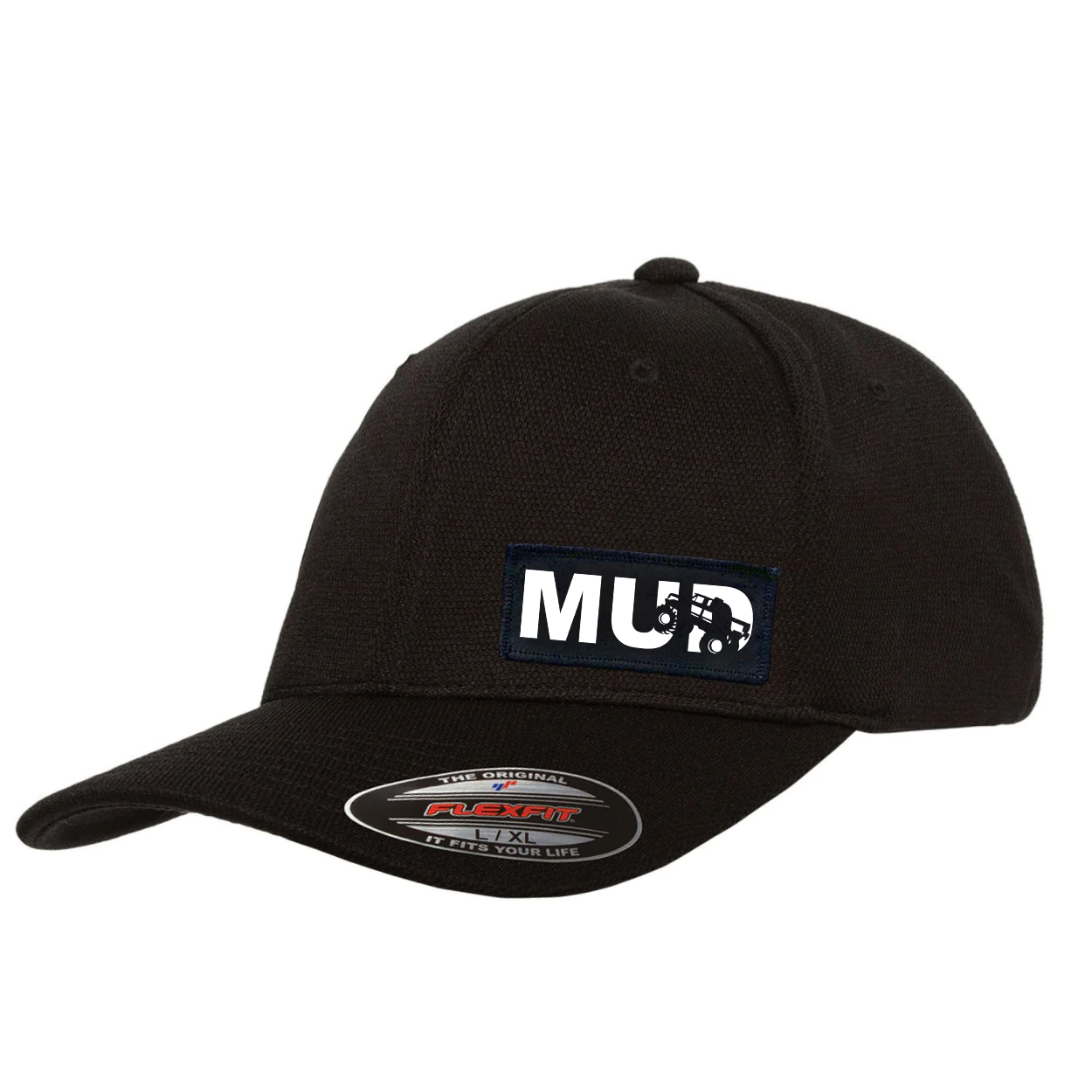 Mud Truck Logo Night Out Woven Patch Flex-Fit Hat Black (White Logo)