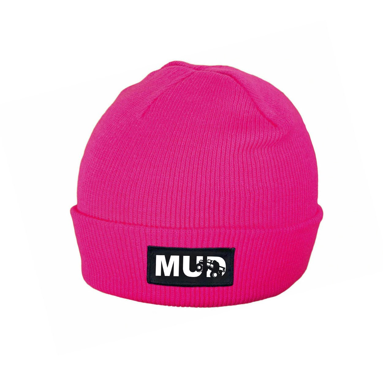 Mud Truck Logo Night Out Woven Patch Roll Up Skully Beanie Heather Fuchsia (White Logo)