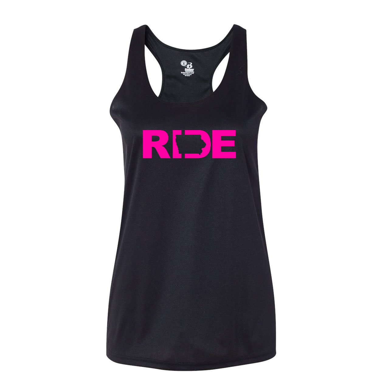 Ride Iowa Classic Womens Performance Racerback Tank Top Black (Pink Logo)