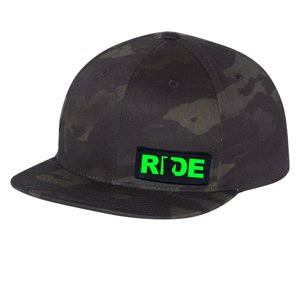 Ride Minnesota Night Out Woven Patch Flat Brim Snapback Hat Black Camo (Green Logo)