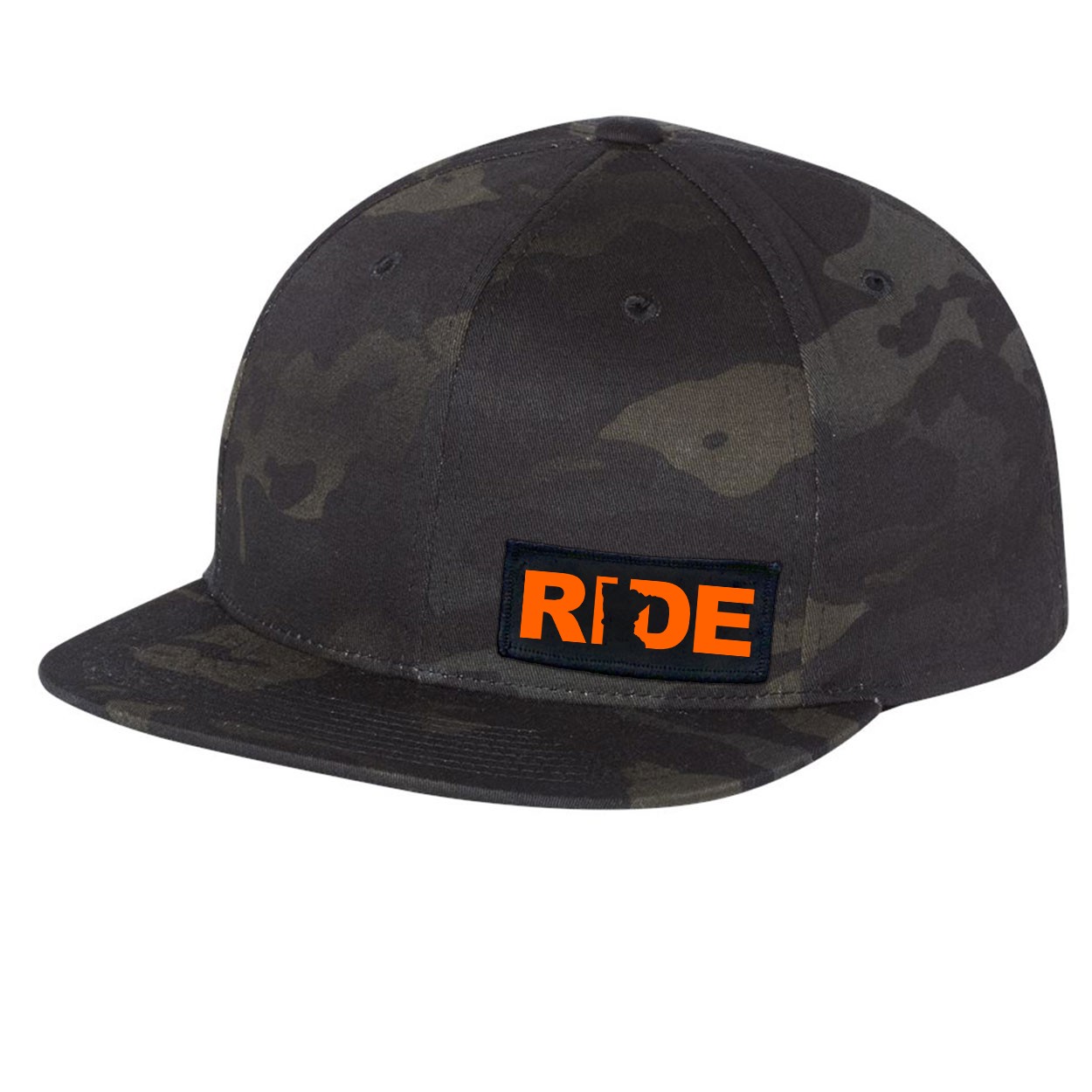 Ride Minnesota Night Out Woven Patch Flat Brim Snapback Hat Black Camo (Orange Logo)