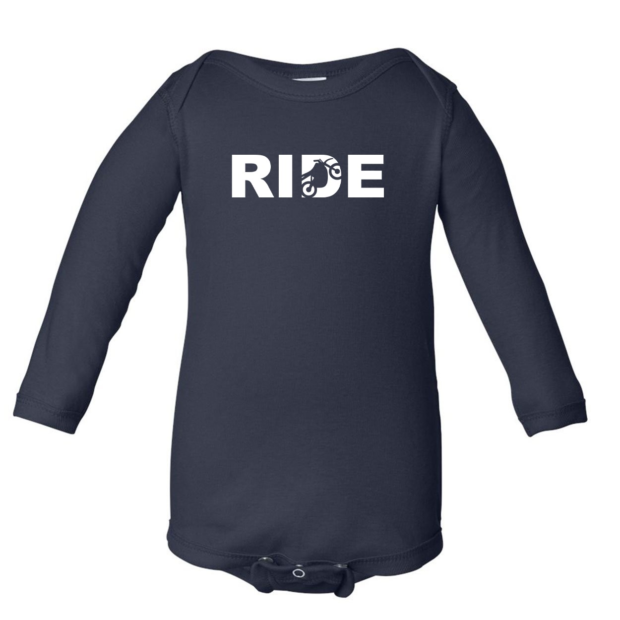 Ride Moto Logo Classic Infant Baby Long Sleeve Onesie Navy (White Logo)