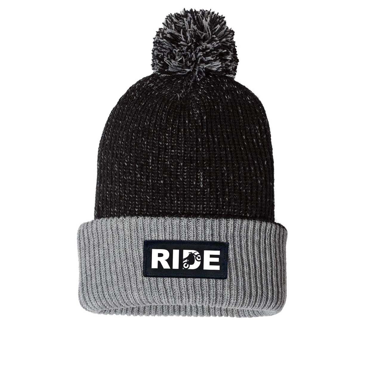 Ride Moto Logo Night Out Woven Patch Roll Up Pom Knit Beanie Black/Gray (White Logo)