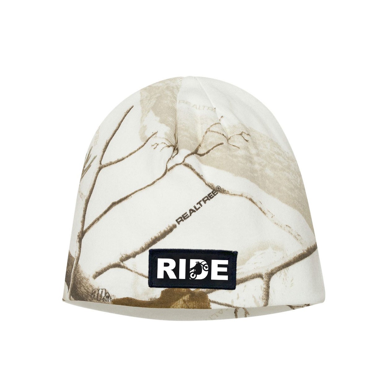 Ride Moto Logo Night Out Woven Patch Skully Beanie Realtree AP White Snow Camo (White Logo)