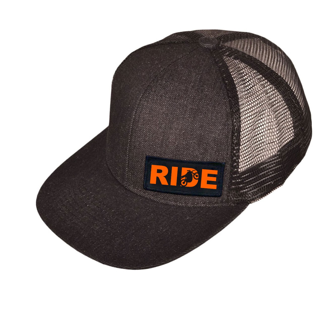 Ride Moto Logo Night Out Woven Patch Snapback Flat Brim Hat Black Denim (Orange Logo)
