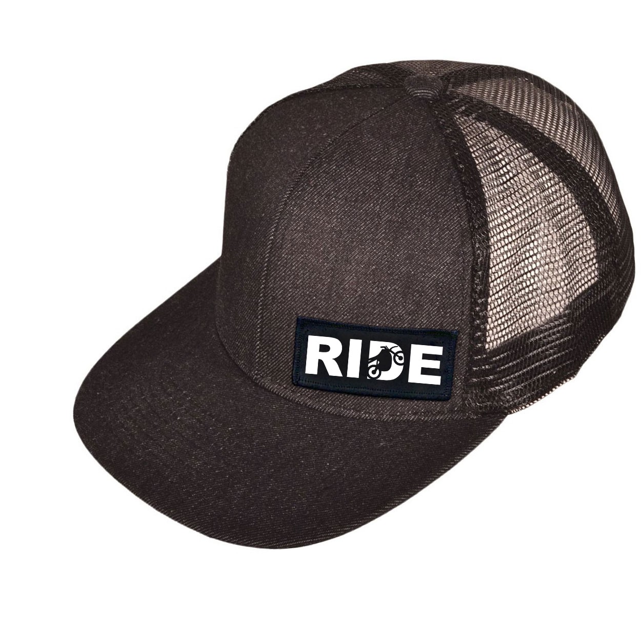 Ride Moto Logo Night Out Woven Patch Snapback Flat Brim Hat Black Denim (White Logo)