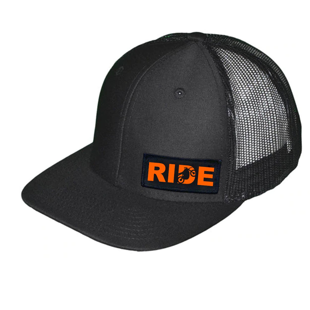 Ride Moto Logo Night Out Woven Patch Snapback Trucker Hat Black (Orange Logo)