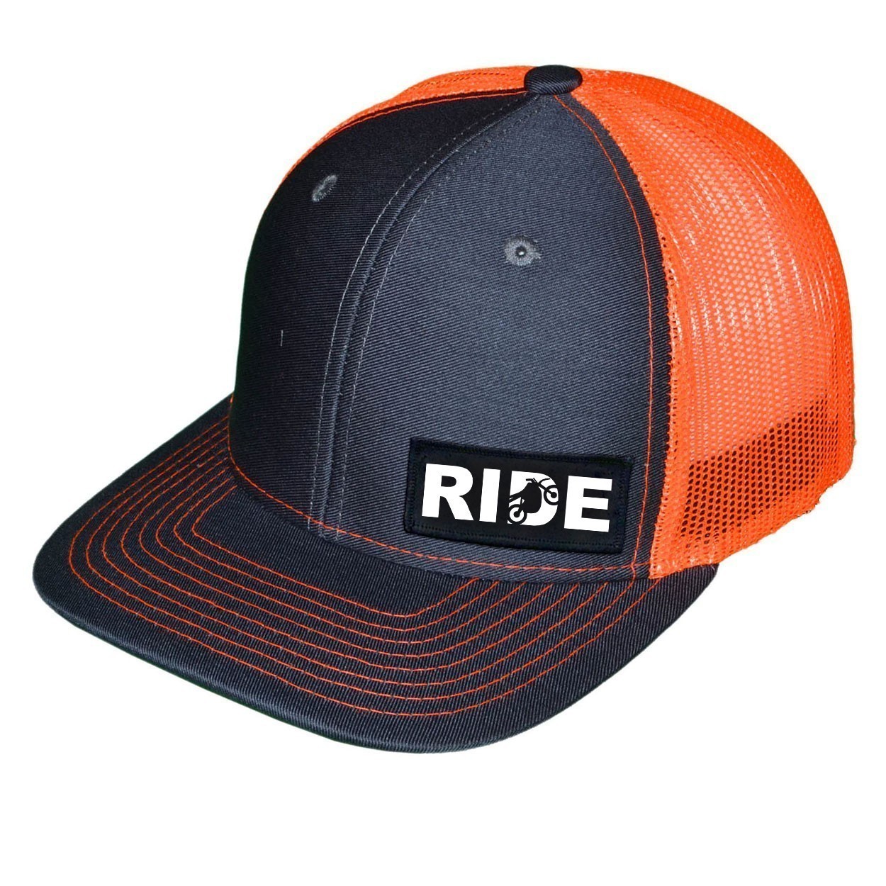 Ride Moto Logo Night Out Woven Patch Snapback Trucker Hat Charcoal/Orange (White Logo)