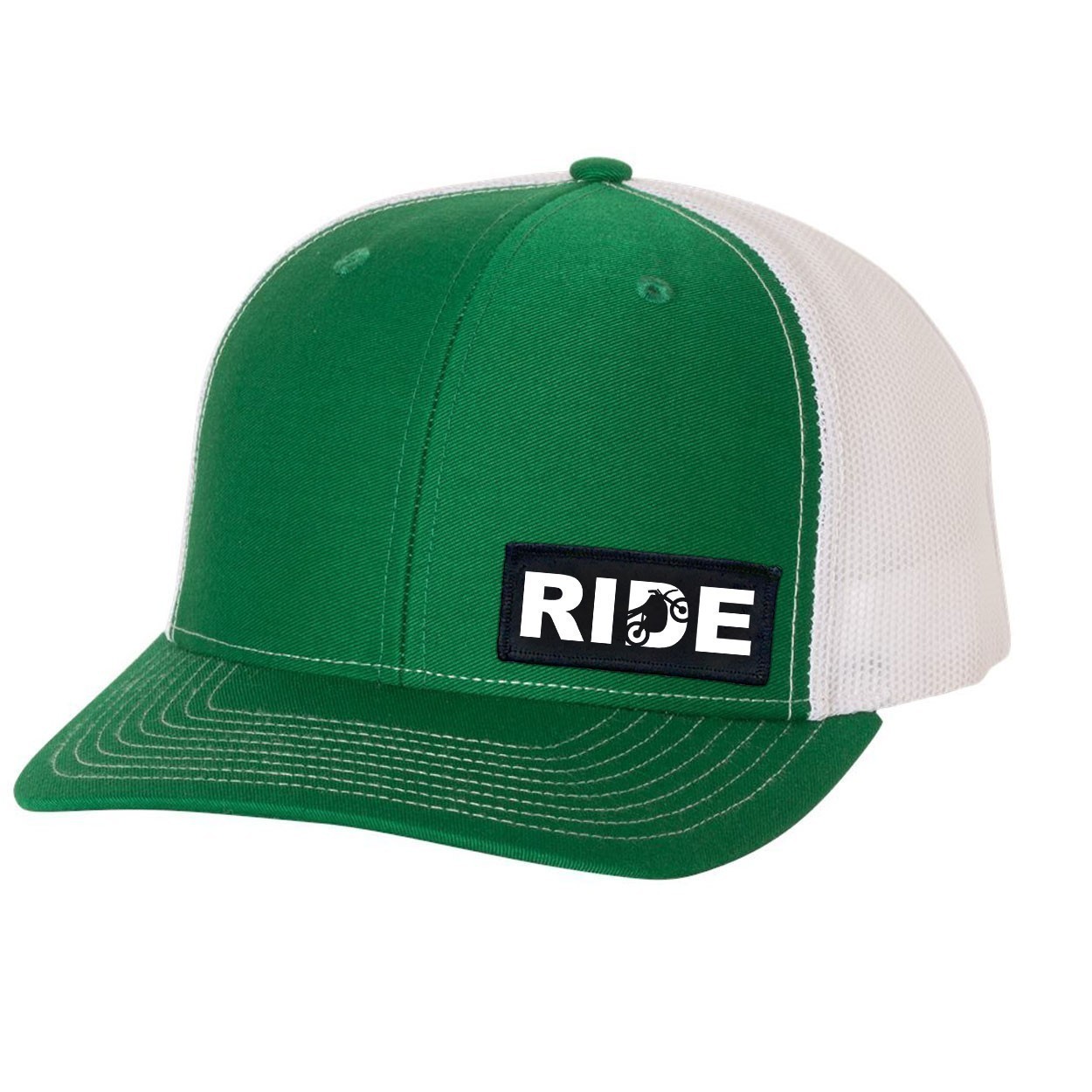 Ride Moto Logo Night Out Woven Patch Snapback Trucker Hat Green/White (White Logo)