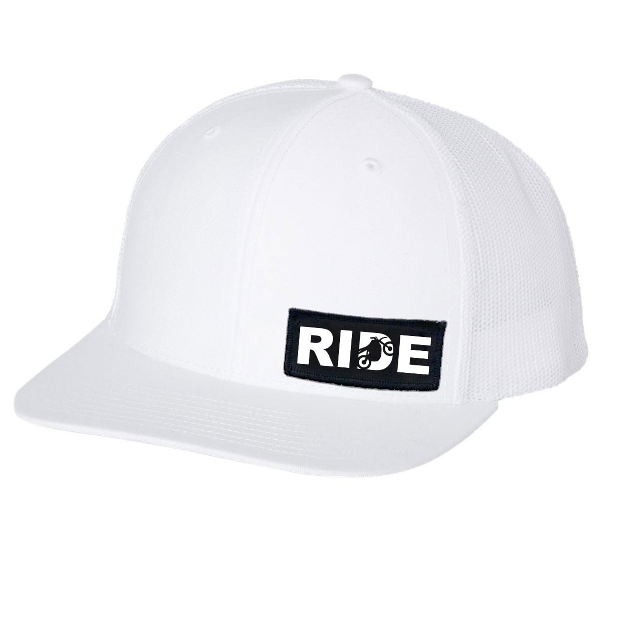 Ride Moto Logo Night Out Woven Patch Snapback Trucker Hat White (White Logo)