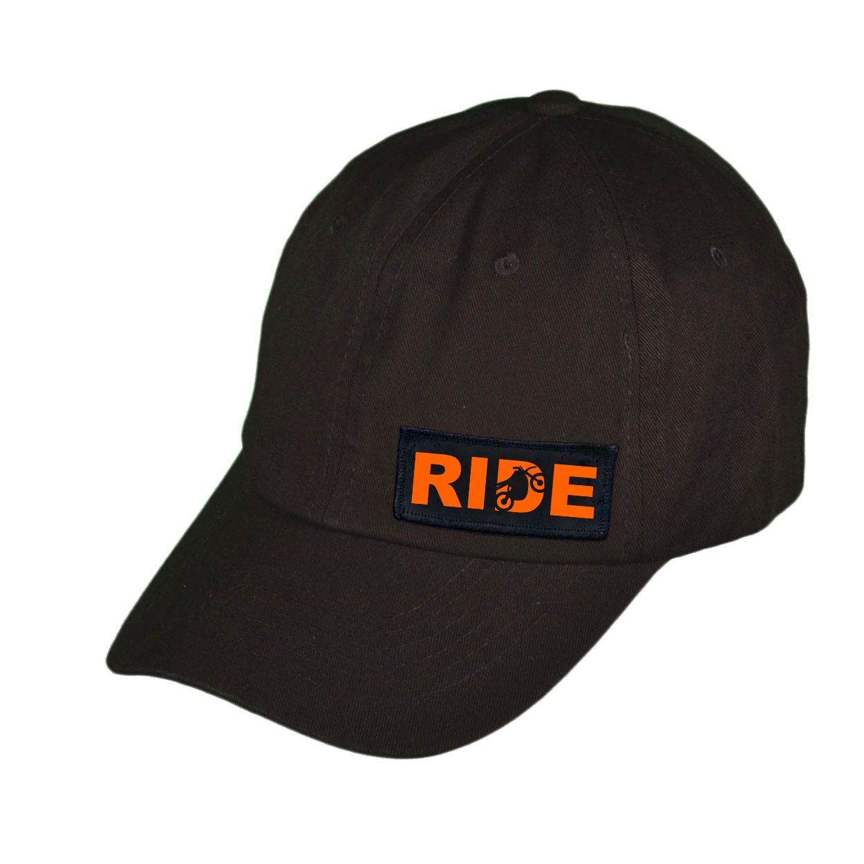 Ride Moto Logo Night Out Woven Patch Unstructured Dad Hat Black (Orange Logo)