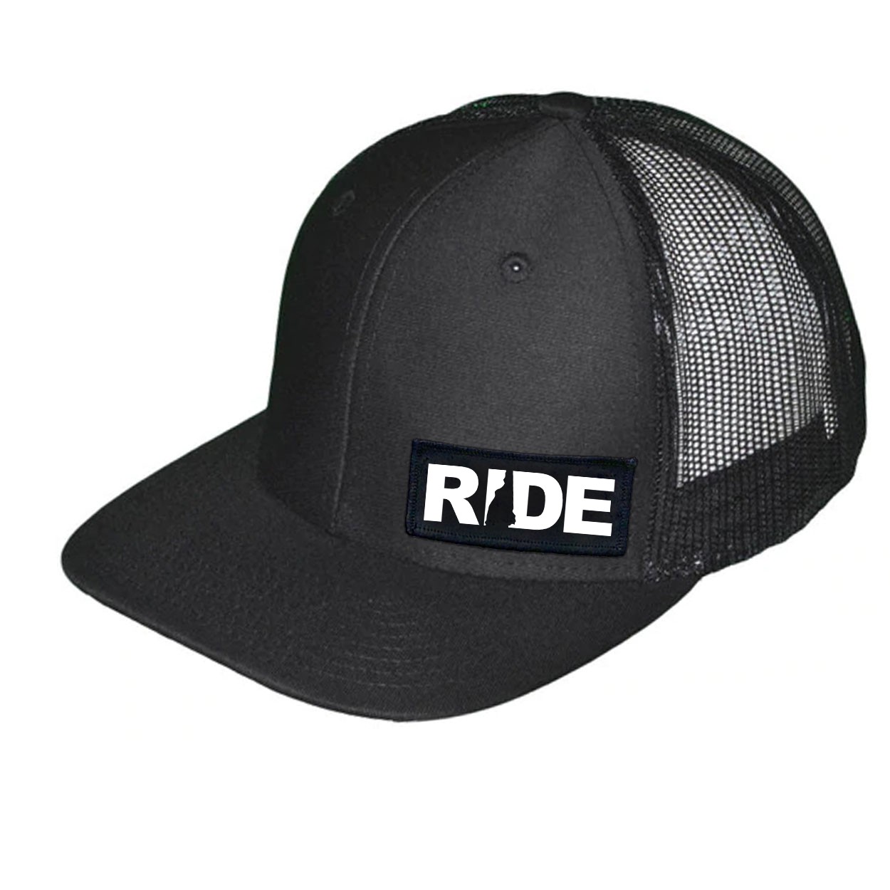 Ride New Hampshire Night Out Woven Patch Snapback Trucker Hat Black (White Logo)