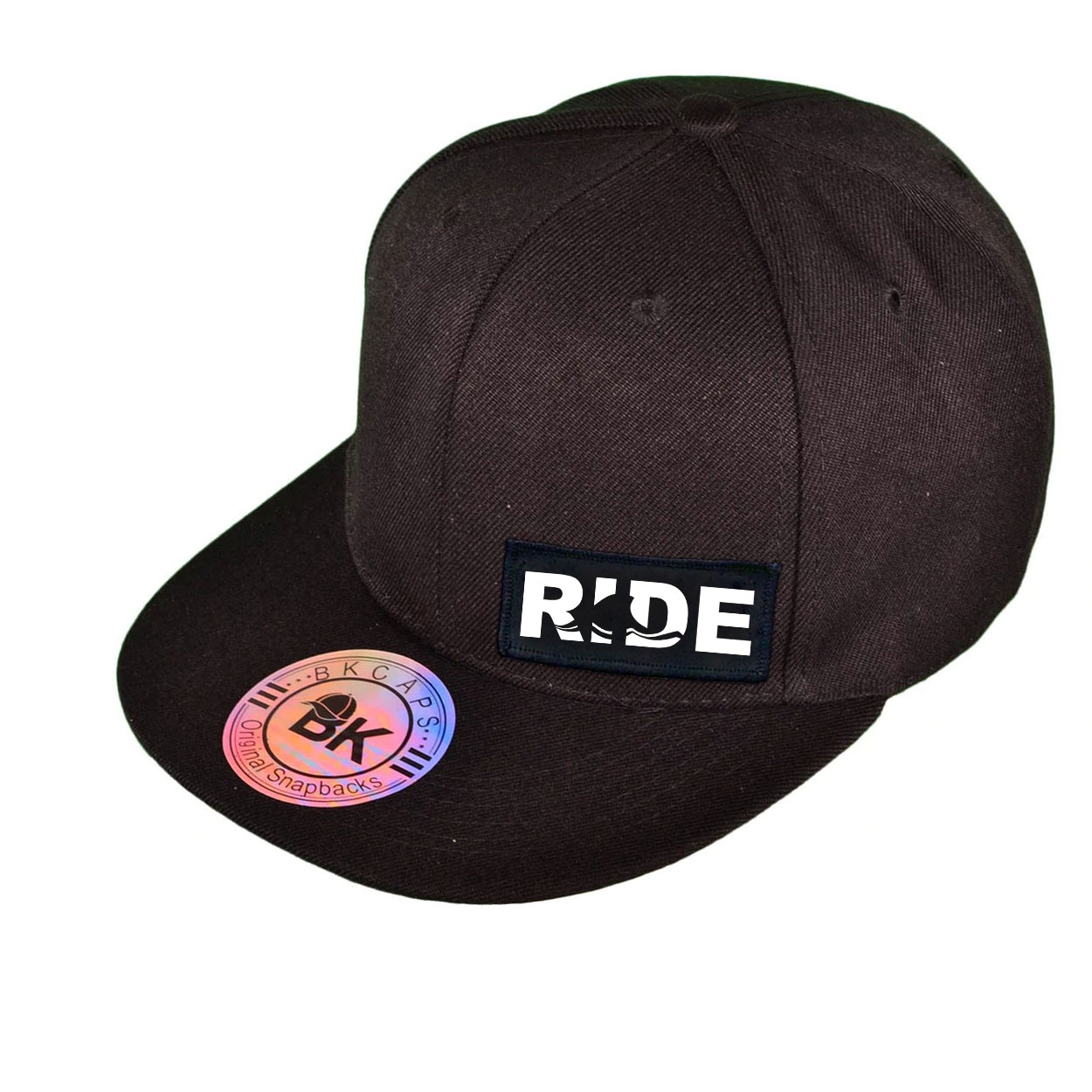 Ride Wave Logo Night Out Woven Patch Snapback Flat Brim Hat Black (White Logo)