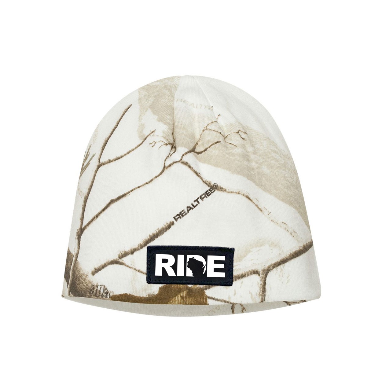 Ride Wisconsin Night Out Woven Patch Skully Beanie Realtree AP White Snow Camo (White Logo)