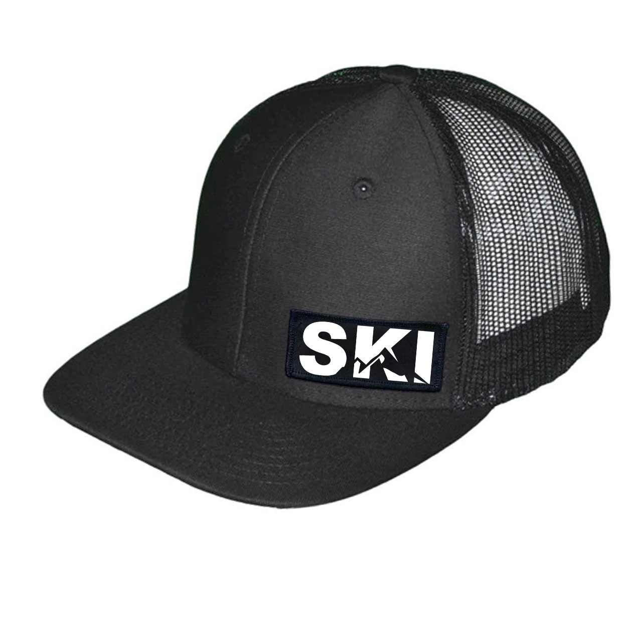 Ski Mountain Logo Night Out Woven Patch Snapback Trucker Hat Black (White Logo)