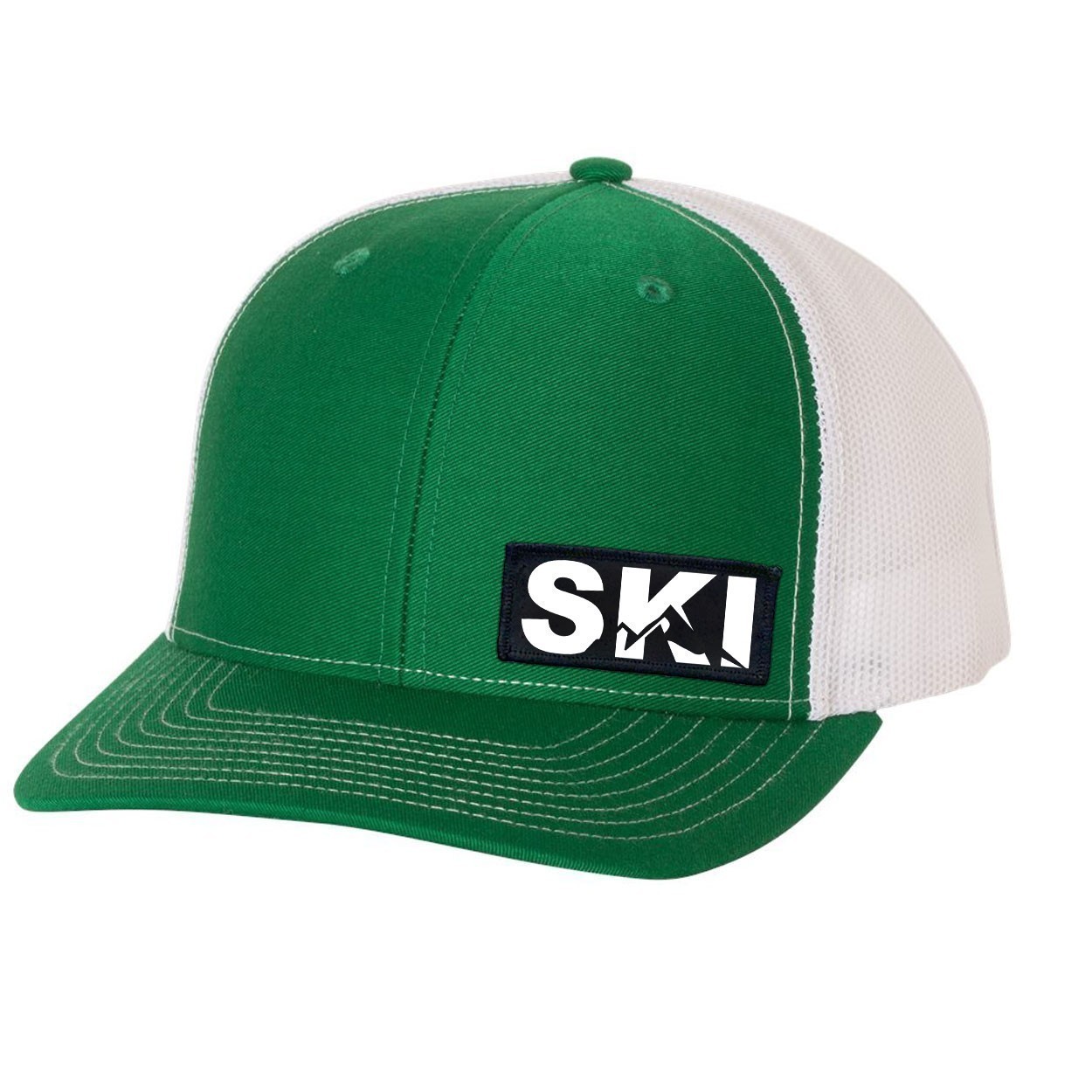 Ski Mountain Logo Night Out Woven Patch Snapback Trucker Hat Green/White (White Logo)