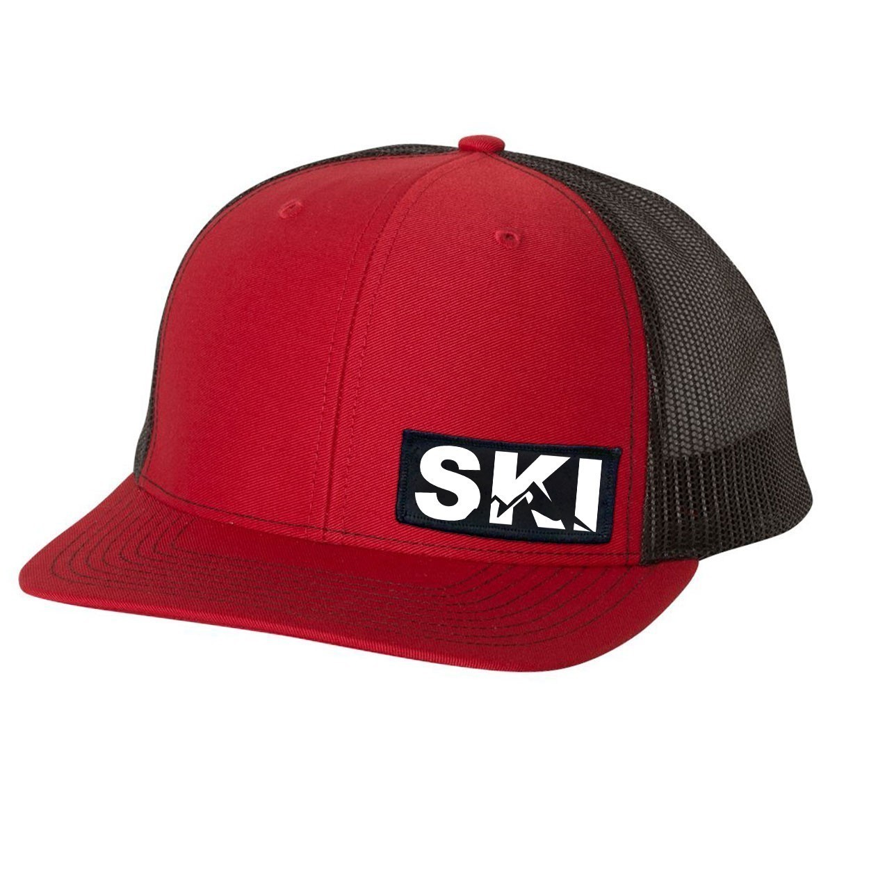 Ski Mountain Logo Night Out Woven Patch Snapback Trucker Hat Red/Black (White Logo)