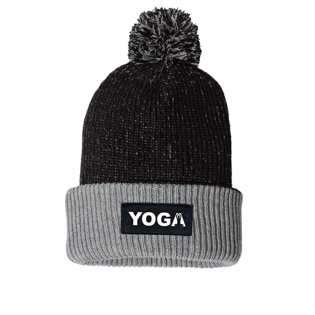 Yoga Meditation Logo Night Out Woven Patch Roll Up Pom Knit Beanie Black/Gray (White Logo)