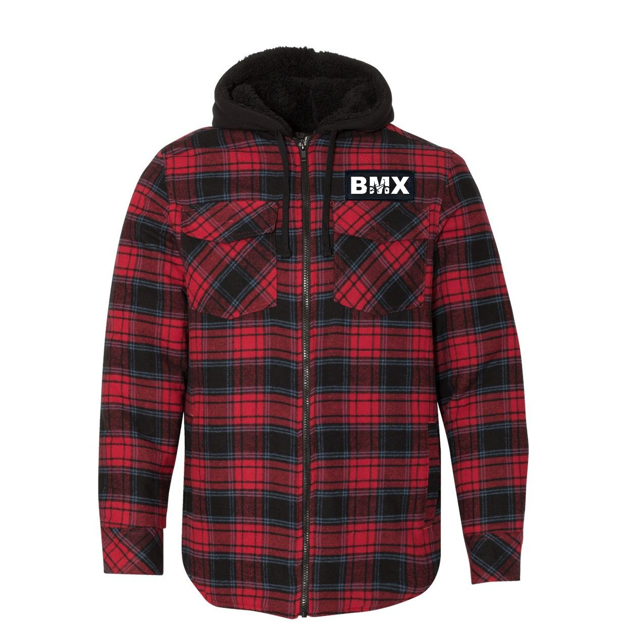 BMX Bike Logo Classic Unisex Full Zip Woven Patch Hooded Flannel Jacket Red/Black Buffalo (White Logo)