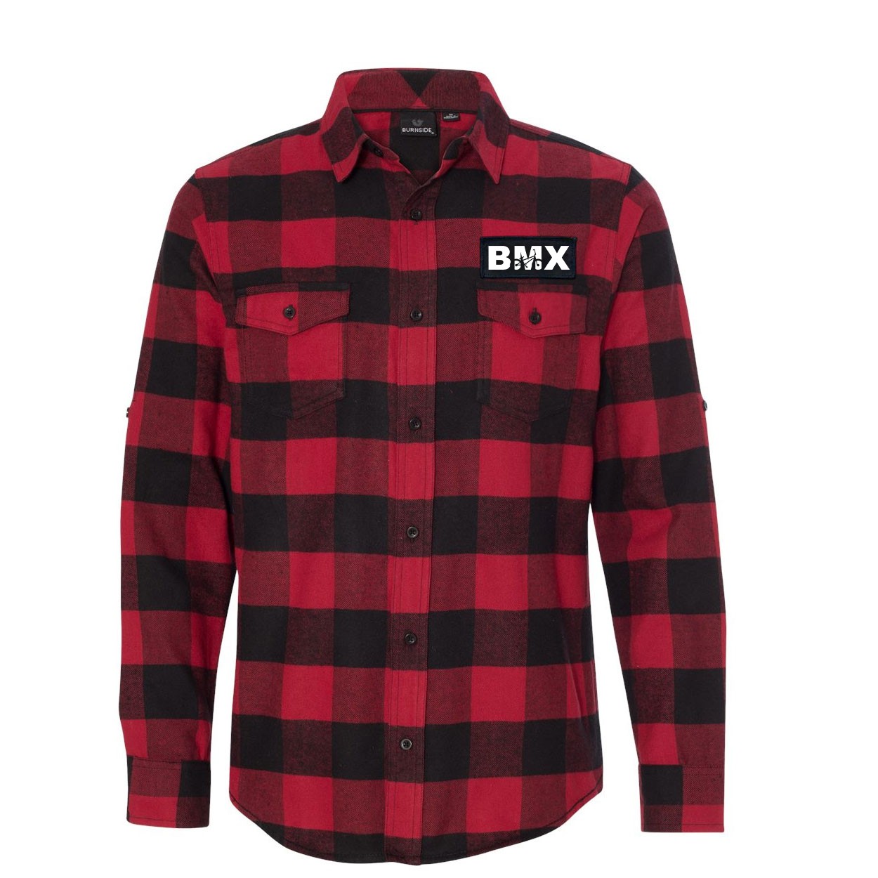 BMX Bike Logo Classic Unisex Long Sleeve Woven Patch Flannel Shirt Red/Black Buffalo (White Logo)