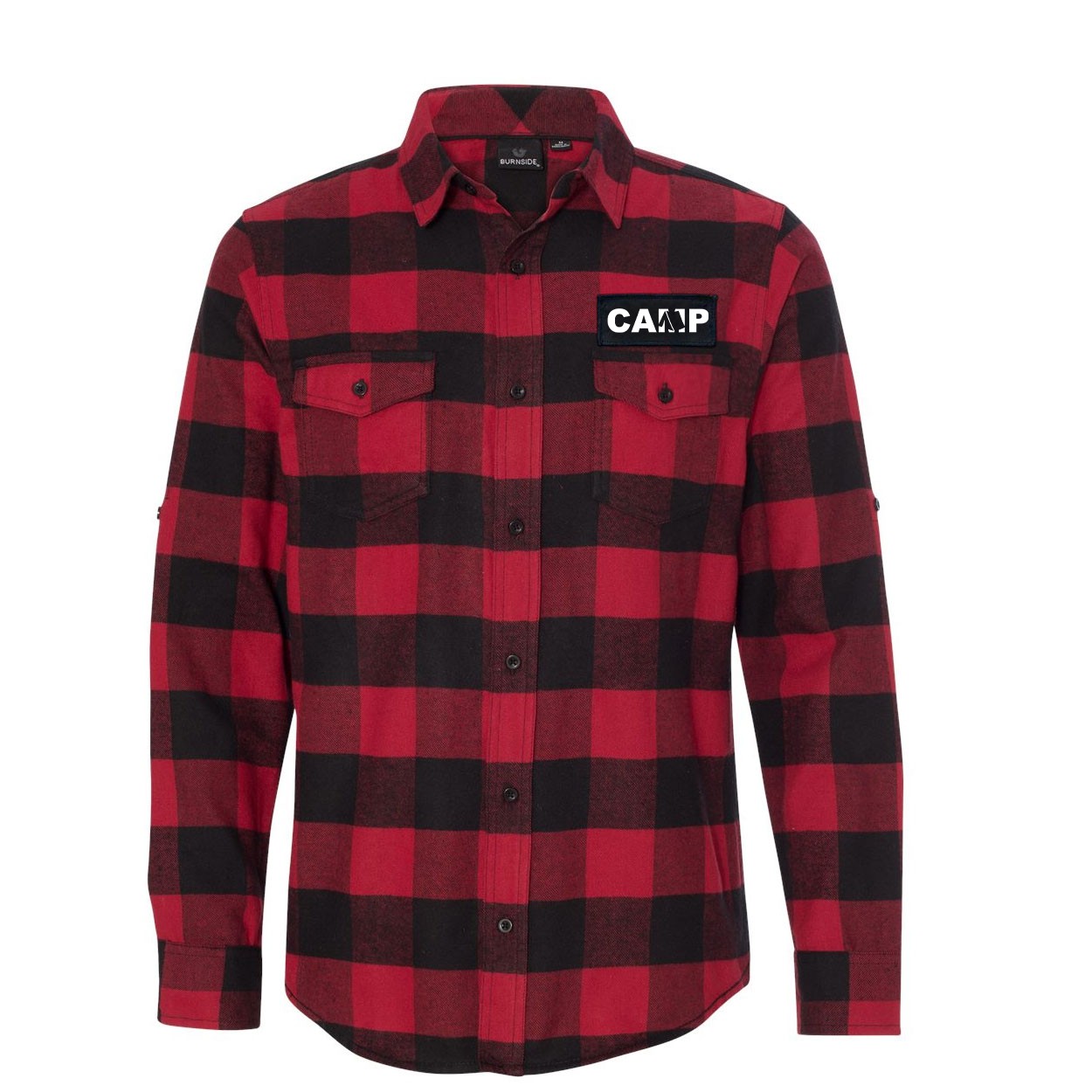 Camp Tent Logo Classic Unisex Long Sleeve Woven Patch Flannel Shirt Red/Black Buffalo (White Logo)