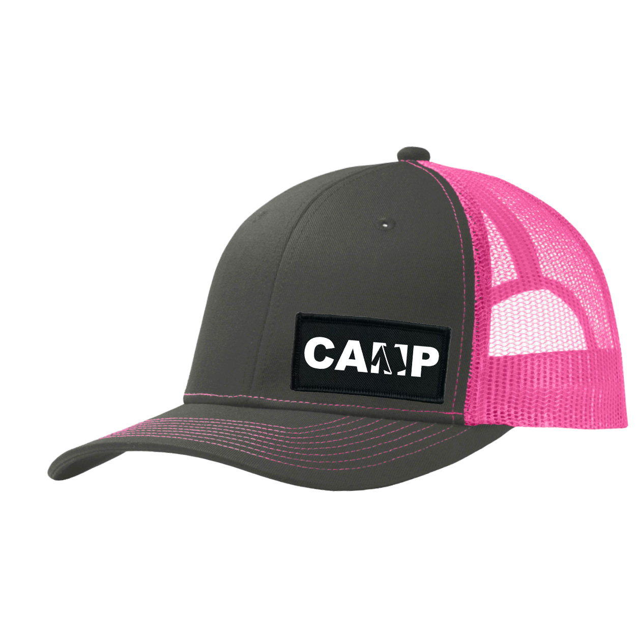 Camp Tent Logo Night Out Woven Patch Snapback Trucker Hat Dark Gray/Neon Pink (White Logo)