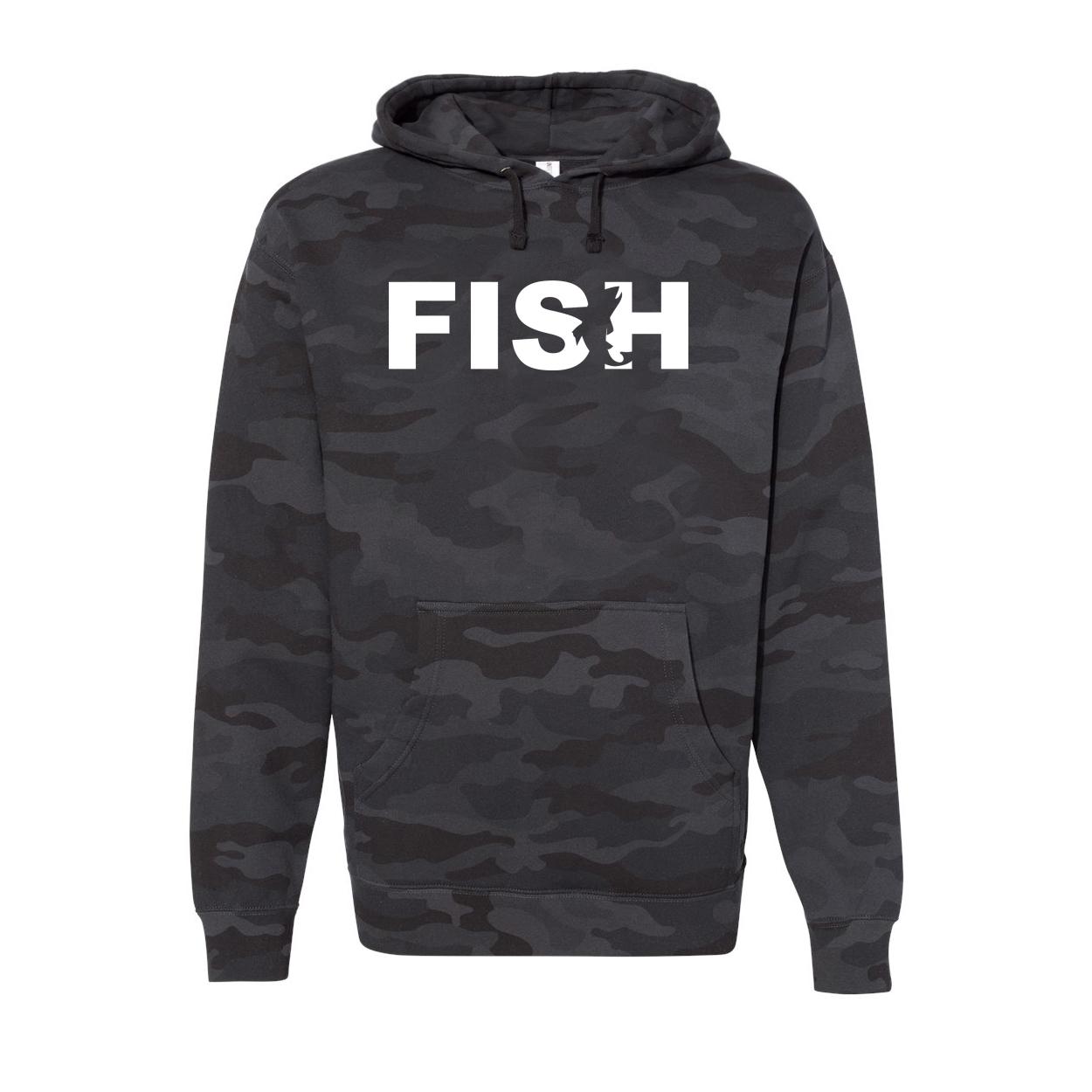 Fish Catch Logo Classic Unisex Hooded Sweatshirt Black Camo (White Logo)