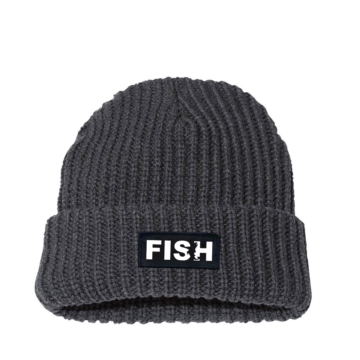 Fish Catch Logo Night Out Woven Patch Roll Up Jumbo Chunky Knit Beanie Charcoal (White Logo)