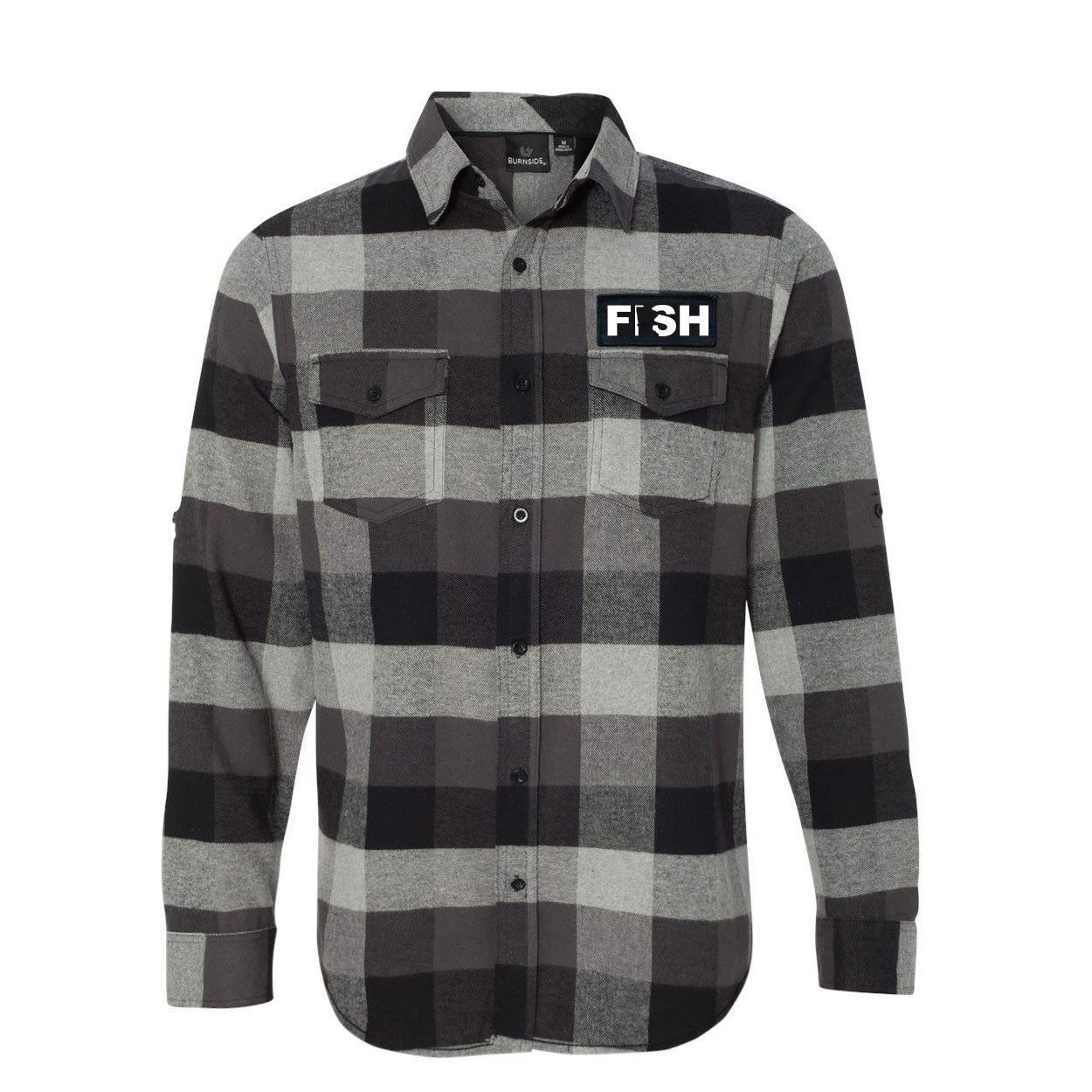 Fish Minnesota Classic Unisex Long Sleeve Woven Patch Flannel Shirt Black/Gray (White Logo)