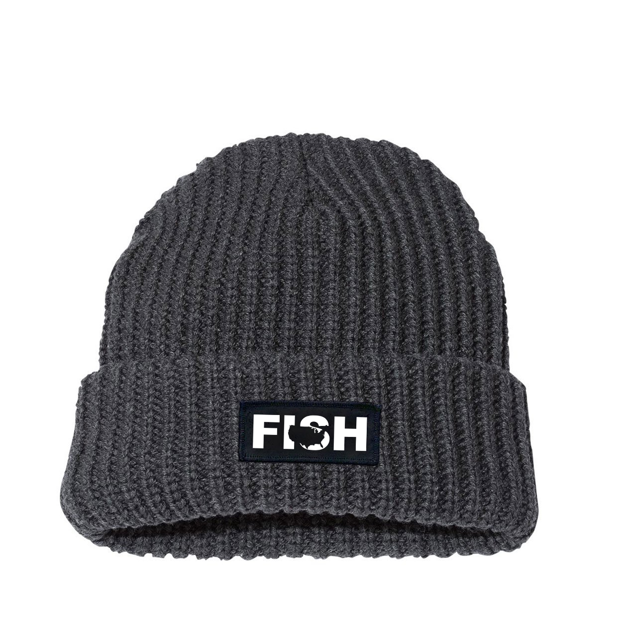 Fish United States Night Out Woven Patch Roll Up Jumbo Chunky Knit Beanie Charcoal (White Logo)