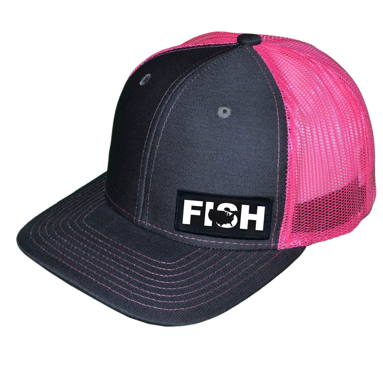 Fish United States Night Out Woven Patch Snapback Trucker Hat Dark Gray/Neon Pink (White Logo)