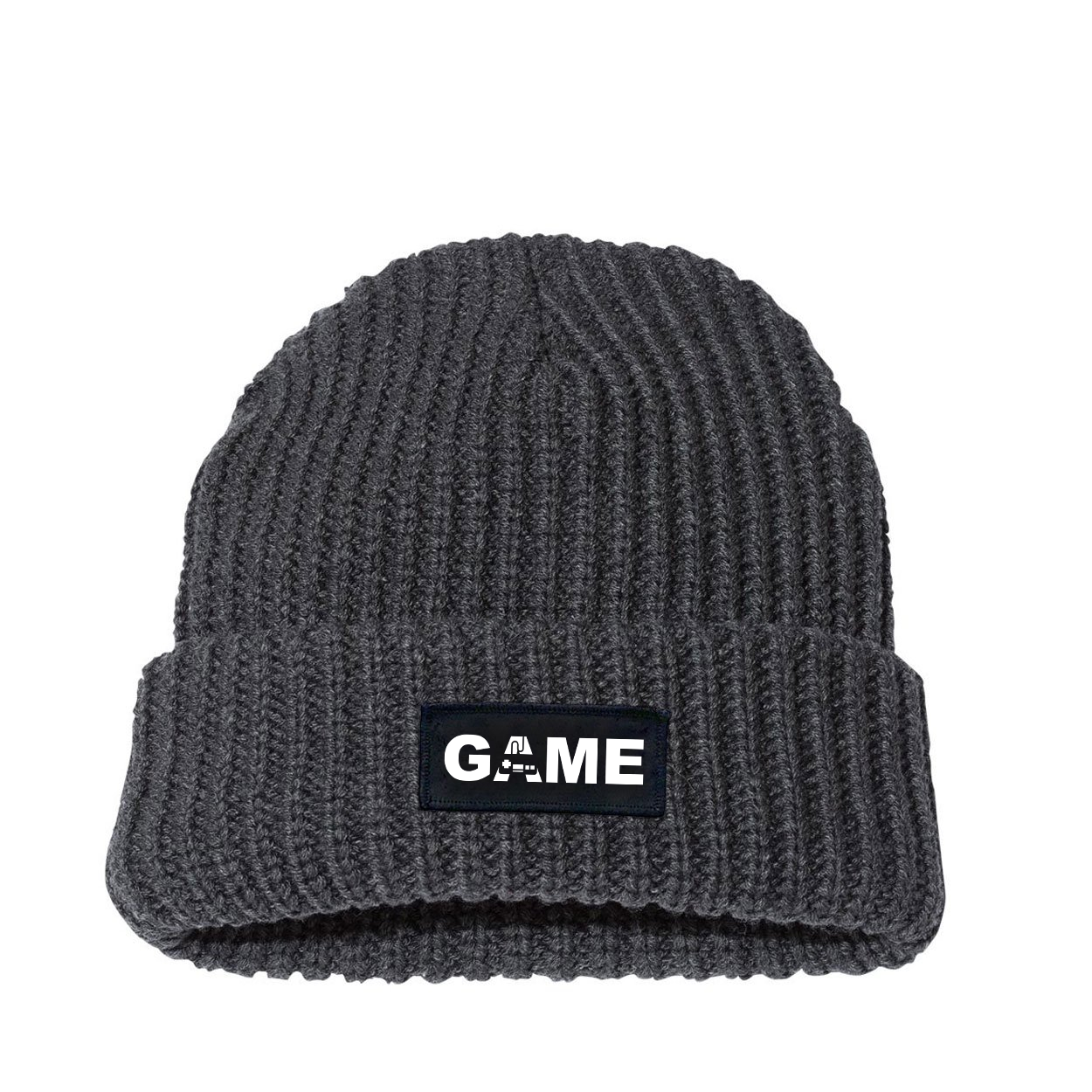 Game Controller Logo Night Out Woven Patch Roll Up Jumbo Chunky Knit Beanie Charcoal (White Logo)