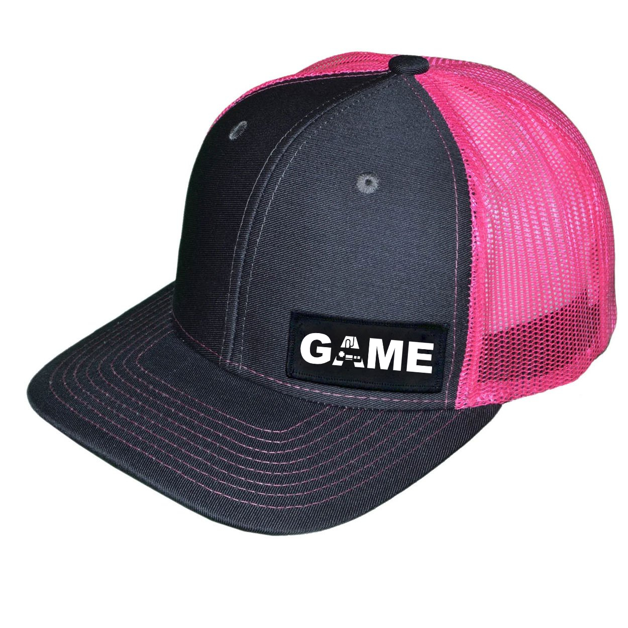 Game Controller Logo Night Out Woven Patch Snapback Trucker Hat Charcoal/Neon Pink (White Logo)