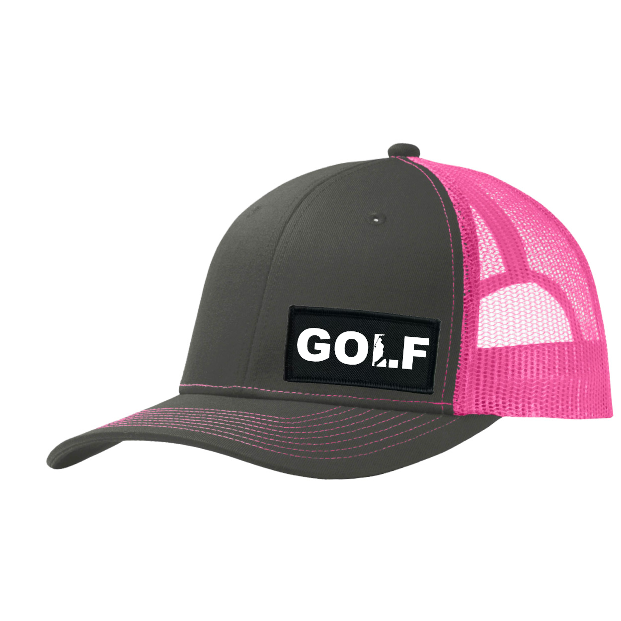 Golf Swing Logo Night Out Woven Patch Snapback Trucker Hat Dark Gray/Neon Pink (White Logo)