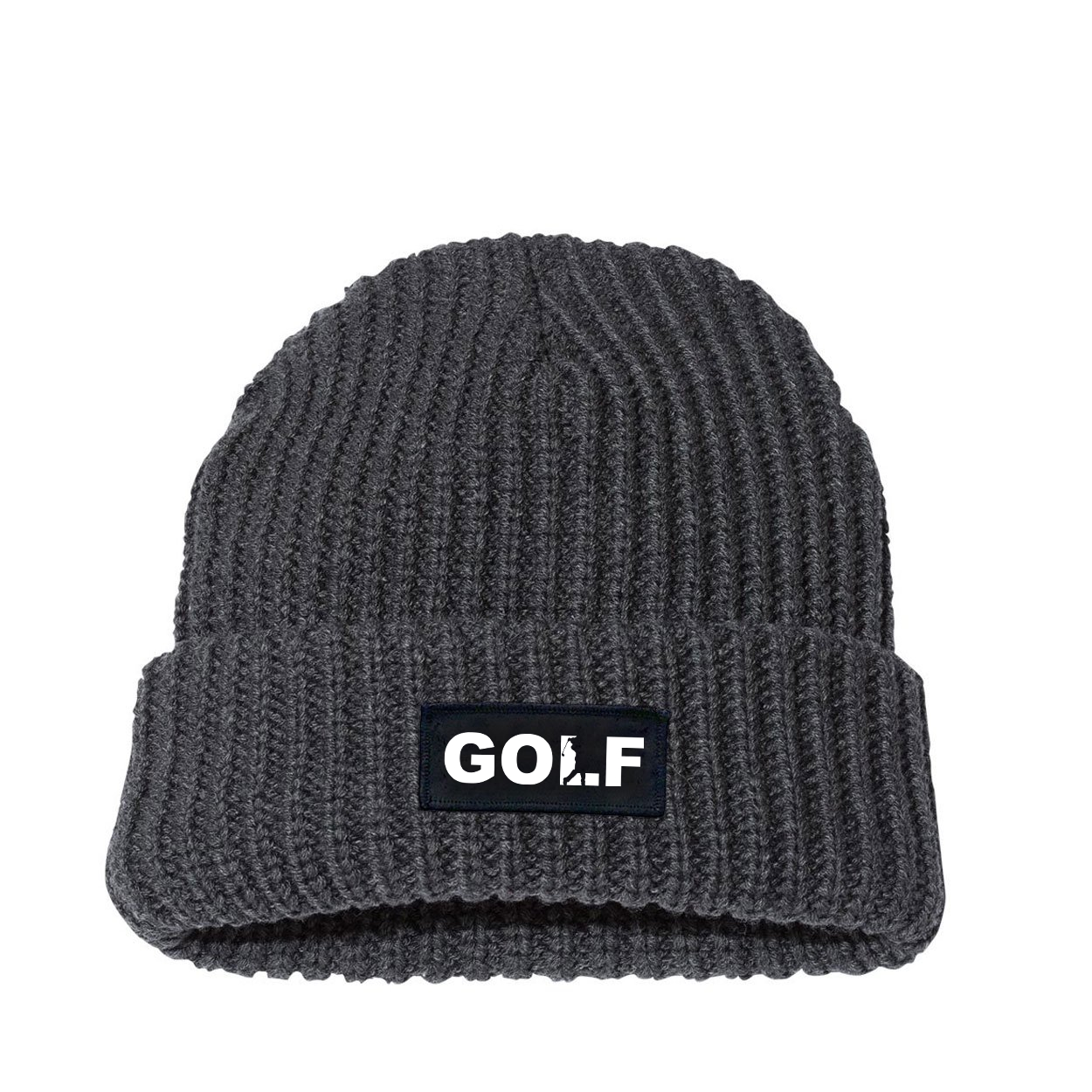 Golf Swing Logo Night Out Woven Patch Roll Up Jumbo Chunky Knit Beanie Charcoal (White Logo)