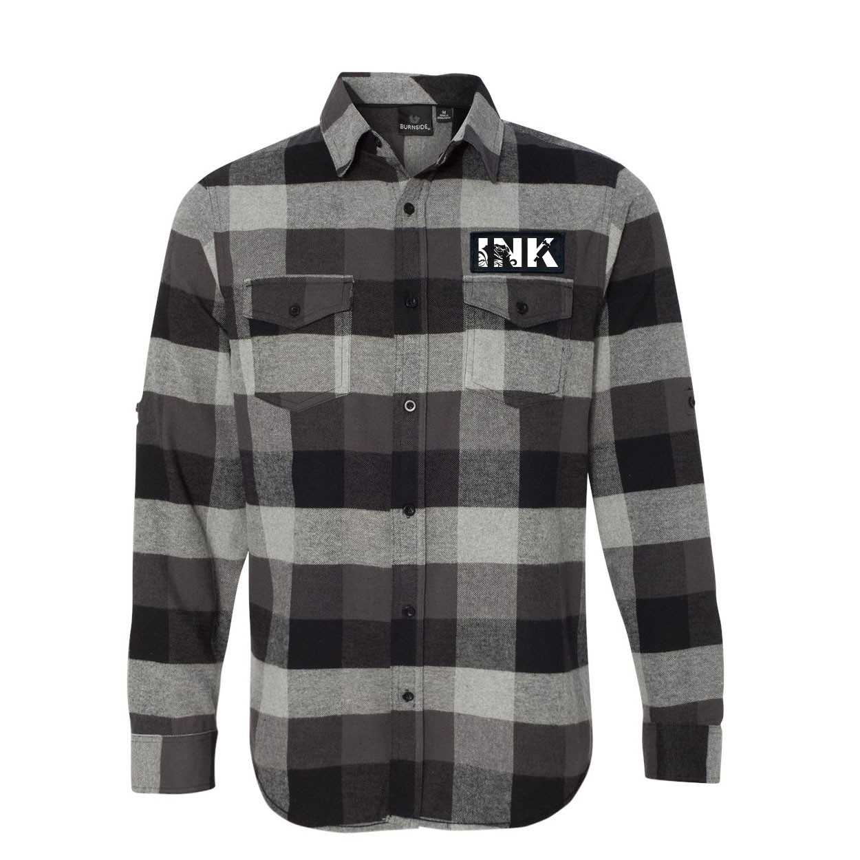 Ink Tattoo Logo Classic Unisex Long Sleeve Woven Patch Flannel Shirt Black/Gray (White Logo)